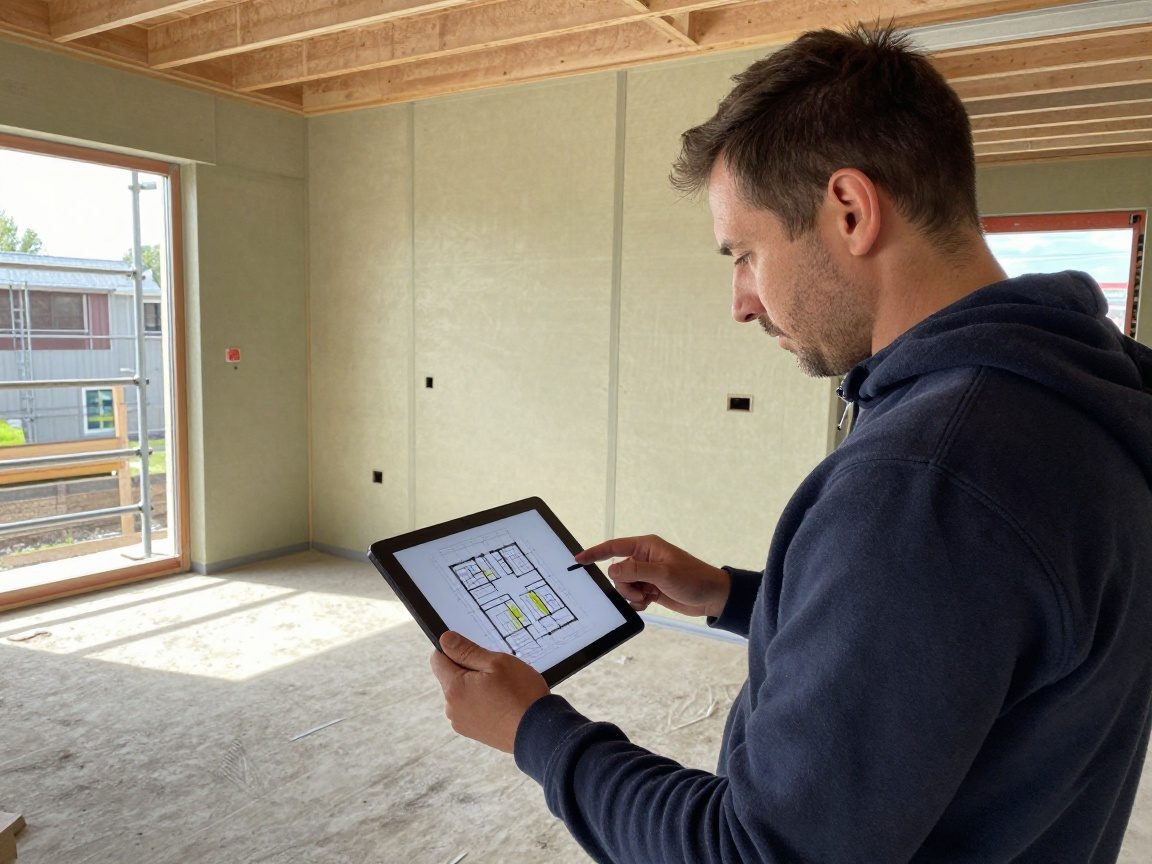 Ein Architekt im Feldbüro betrachtet ein Tablet mit hervorgehobenen Dämmzonen, während im Hintergrund eine teilweise isolierte Wand und Gerüste zu sehen sind.