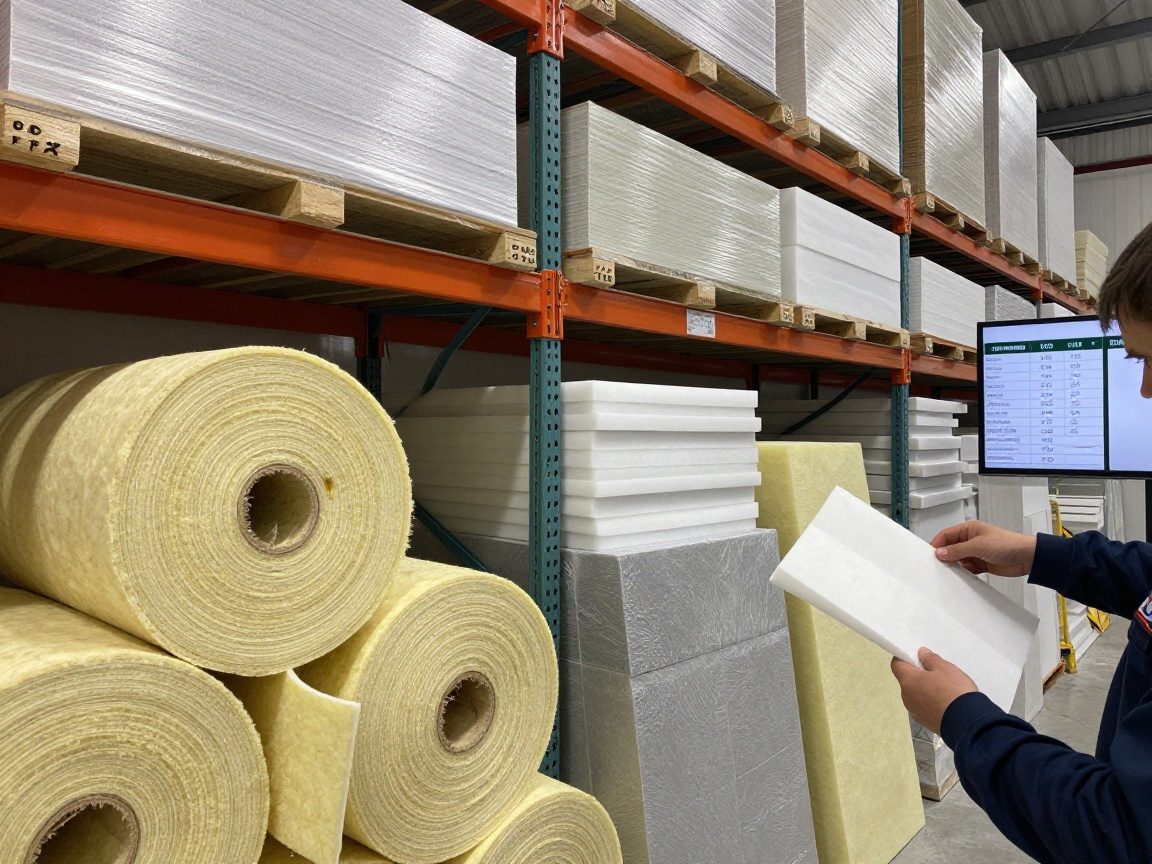 Mitarbeiter wählt Mineralwolle, XPS-Panel und Schaumstoff aus einem Lagerregal mit Preisliste auf Bildschirm