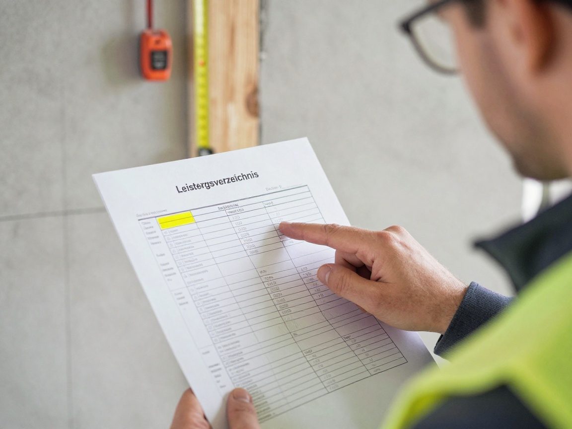 Bauleiter zeigt auf ein Leistungsverzeichnis mit hervorgehobenen Fehlern, während Kollege Notizen macht; Hintergrund: unfertige Wand mit Dämmschichten und Maßband