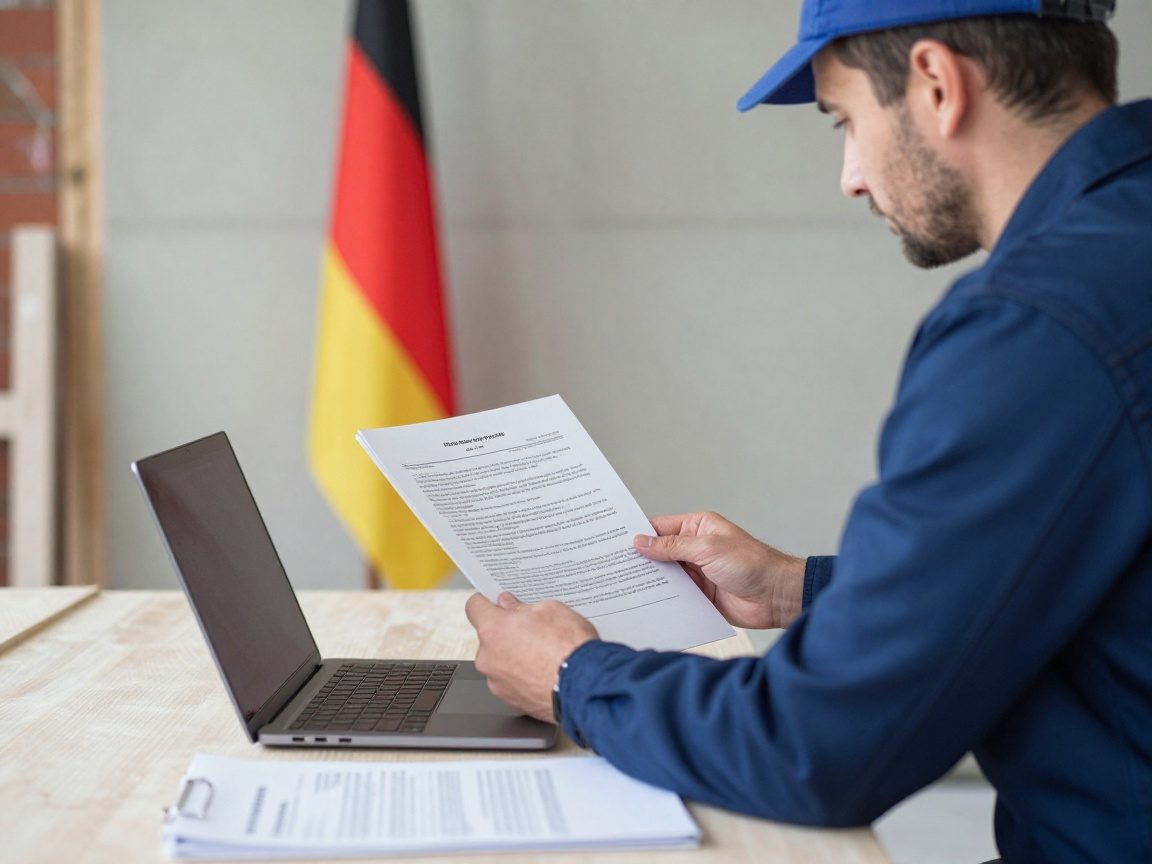 Handwerker prüft VOB‑Dokumente am Laptop vor einer teilweise isolierten Wand, deutsche Flagge im Hintergrund