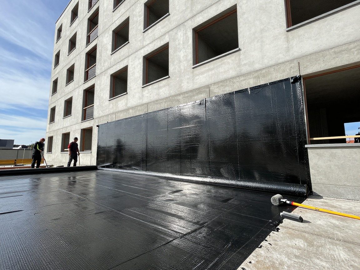 Arbeiter legen Bitumenbahne auf die Außenseite einer modernen deutschen Wohnfassade, Stahlbewehrung sichtbar durch das Material