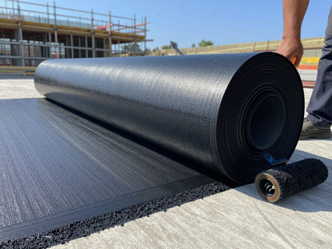 Detailaufnahme einer aufgewickelten Bitumenbahn, die auf einer Betonschicht ausgerollt wird – Kleberand sichtbar, Textur des Bitumens und Hand eines Arbeiters mit Rolle im Fokus.