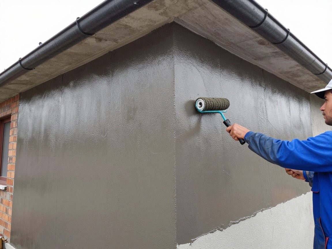Handwerker trägt Flüssigkunststoff mit Pinsel und Rolle auf die Ecke einer Außenschleuse auf, während ein Regenrinnen- und teilweise fertiggestellter Ziegelfassade im Hintergrund zu sehen sind.