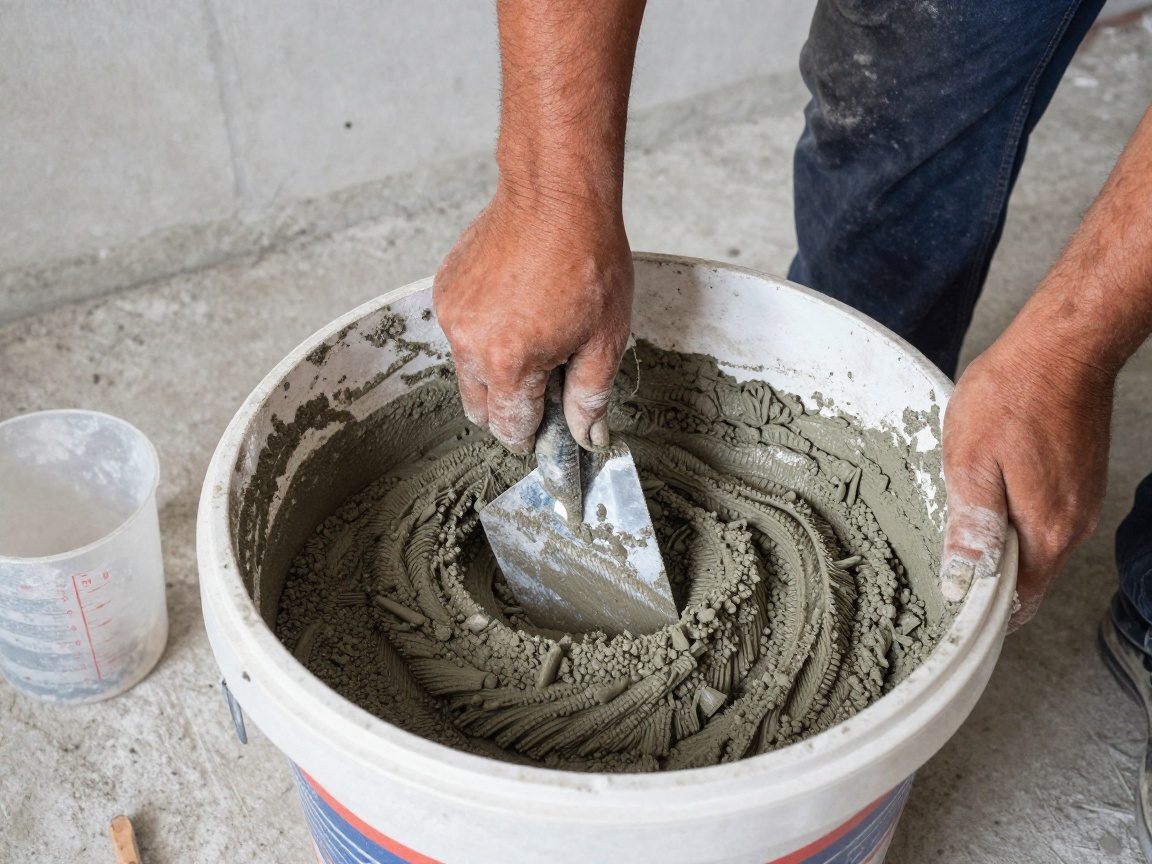 Bauarbeiter mischt zementbasierte Dichtschlämme mit Sand und Zusatzstoffen in einem Eimer auf Betonboden, Messbecher und Kelle sichtbar