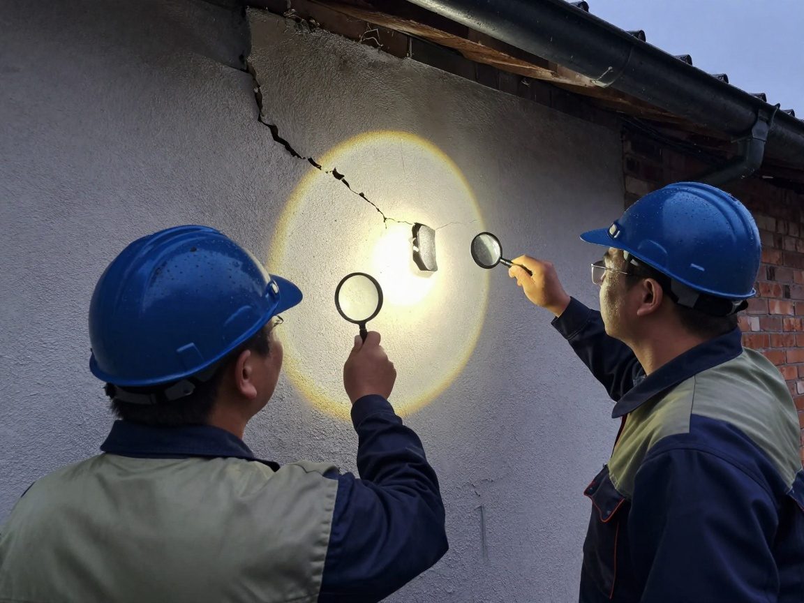 Ein Wartungsteam untersucht mit Taschenlampe und Lupe die Abdichtungsfläche einer Außenwand, während ein Regenrinnen- und teilweise fertiggestellter Ziegelfassade im Hintergrund zu sehen sind.