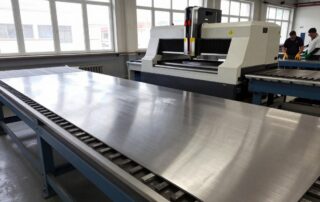 Weitwinkelaufnahme einer deutschen Metallwerkstatt mit Edelstahlblechen, CNC-Maschine und Arbeitern in Schutzbrillen und Handschuhen