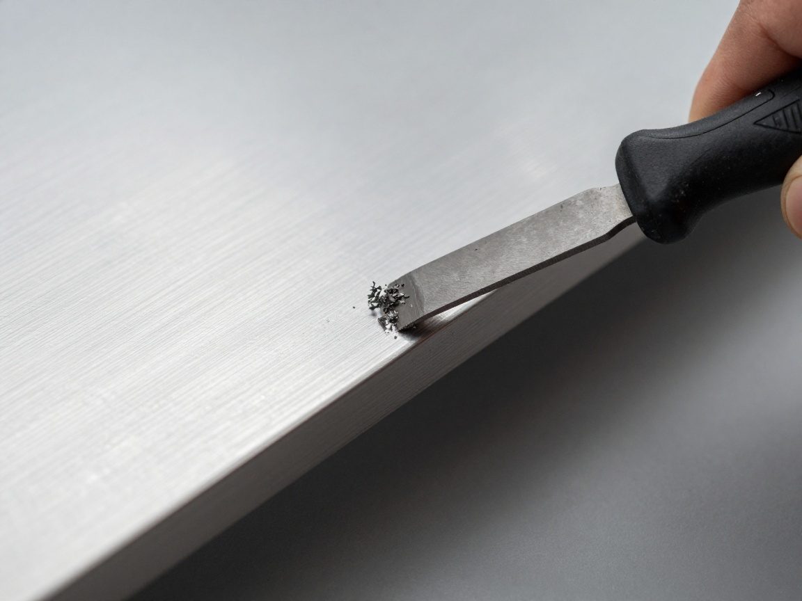 Handgehaltenes Deburring-Messer schneidet entlang der Kante eines Edelstahlblatts und entfernt feine Metallspäne