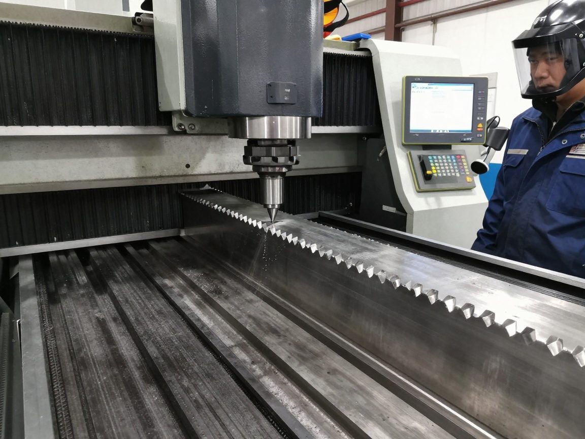 Weitwinkelaufnahme einer CNC-Fräsmaschine, die eine Fase entlang der Kante eines Edelstahlteils schneidet; Spindel sichtbar, Bediener in Schutzkleidung beobachtet den Prozess am digitalen Display