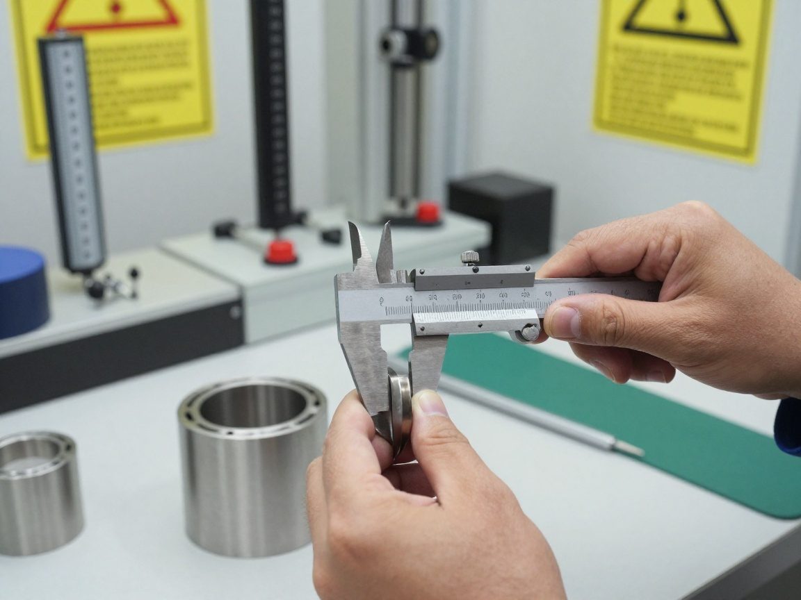 Techniker in Schutzkleidung nutzt Messschieber zur Radiusmessung eines Kantenbereichs an einem Edelstahlbauteil auf einer gut organisierten Qualitätskontrollstation