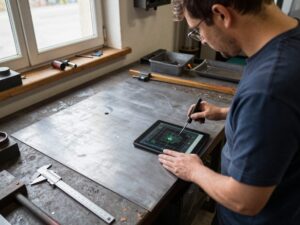 Erfahrener Eisenbearbeiter steht in einem deutschen Werkstattraum neben einer großen Stahlplatte und einem Tablet mit CAD-Zeichnungen, umgeben von Messwerkzeugen und Schweißgerät.