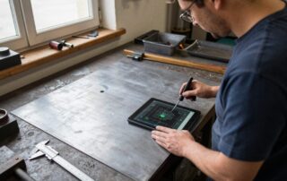 Erfahrener Eisenbearbeiter steht in einem deutschen Werkstattraum neben einer großen Stahlplatte und einem Tablet mit CAD-Zeichnungen, umgeben von Messwerkzeugen und Schweißgerät.