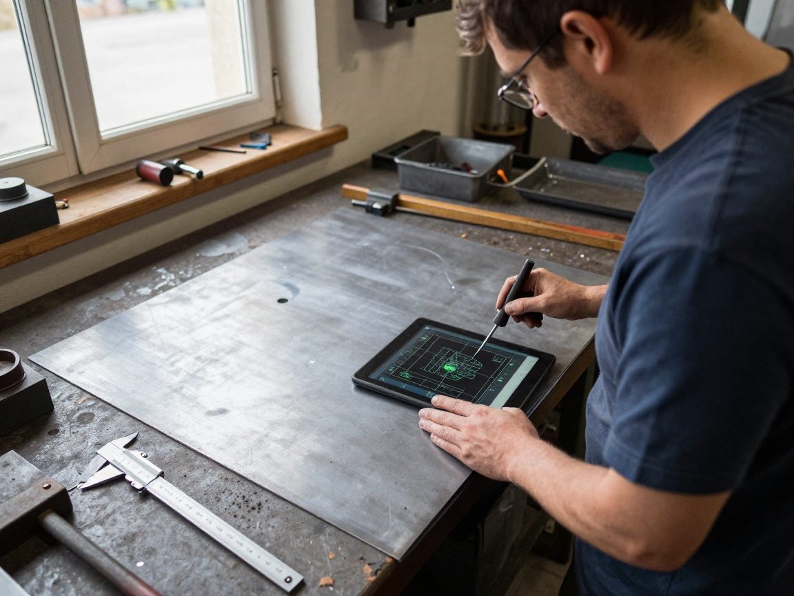 Erfahrener Eisenbearbeiter steht in einem deutschen Werkstattraum neben einer großen Stahlplatte und einem Tablet mit CAD-Zeichnungen, umgeben von Messwerkzeugen und Schweißgerät.