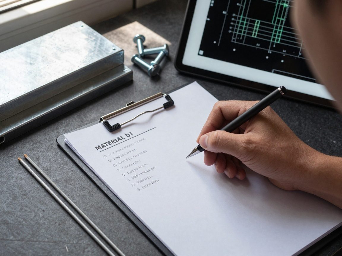 Nahaufnahme einer Hand, die eine Materialliste auf einem Clipboard schreibt und dabei CAD-Zeichnungen auf einem Tablet betrachtet; daneben liegen Stahlplatten, Bolzen und Schweißstäbe.