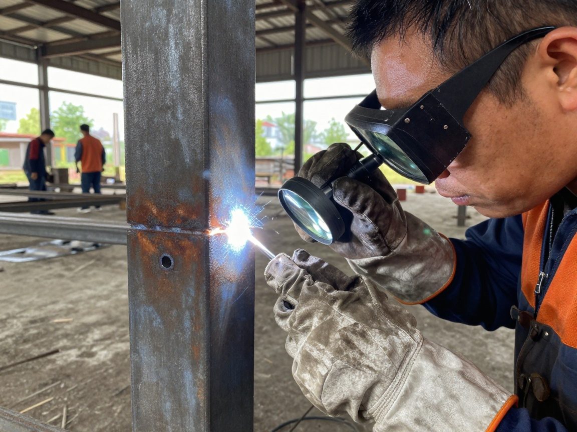 Ein Eisenbearbeiter in Schutzkleidung untersucht eine Schweißnaht an einer Stahlspalte, während er eine Lupe benutzt.