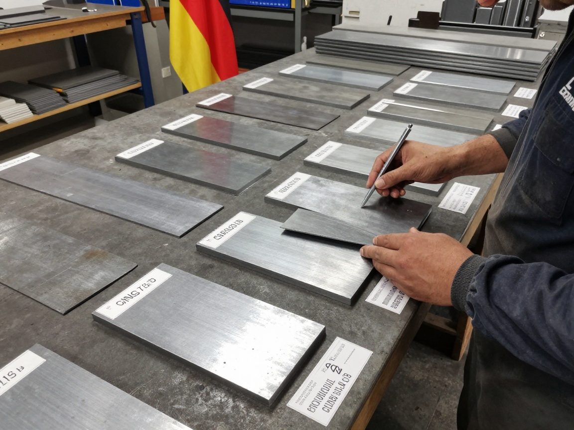 Breitaufnahme eines Metallarbeiters, der recycelte Stahlproben auf einem Werkbank mit Etiketten zu Materialklassen und Umweltzertifikaten vergleicht. Im Hintergrund ein dezent sichtbarer deutscher Flaggenbanner