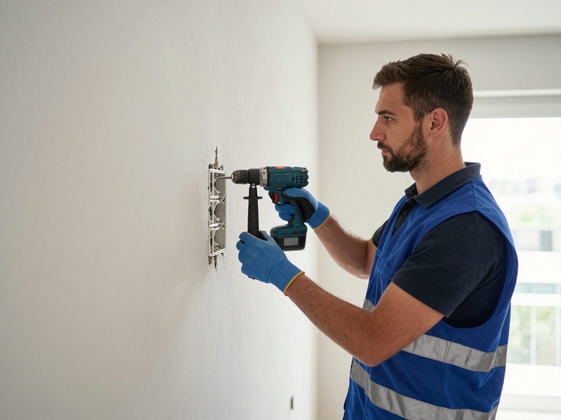 Ein deutscher Elektriker in blauem Sicherheitsweste und Handschuhen, der mit einer Bohrmaschine eine elektrische Box in eine Trockenbauwand einsetzt