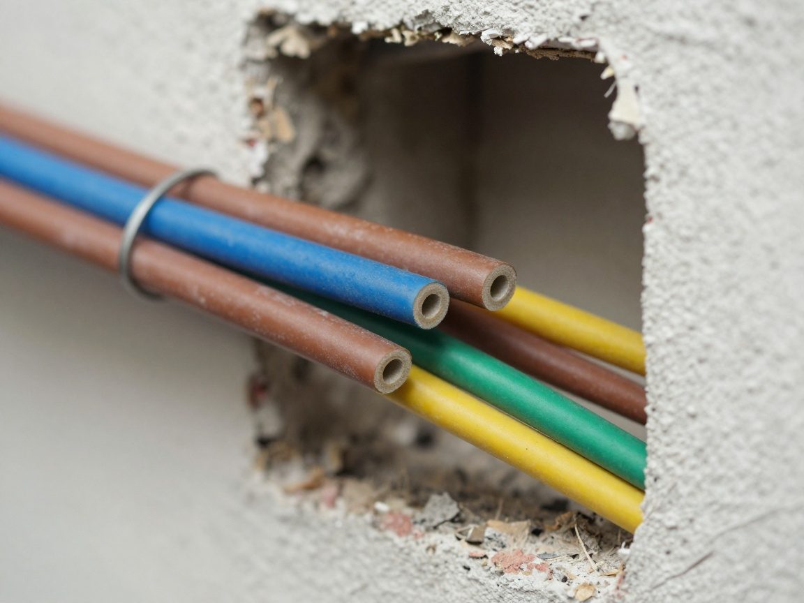 Nahaufnahme isolierter Stromkabel, sauber durch Wand geführt, Farbcode: Braun (Phase), Blau (Neutral), Grün/gelb (Erde). Kleine Clips sichern das Kabel.