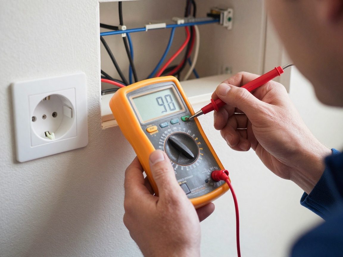Ein Elektriker hält ein digitales Multimeter, um die Spannung an einer Live-Schaltung in einer deutschen Wohnung zu messen. Der Messwert ist sichtbar.