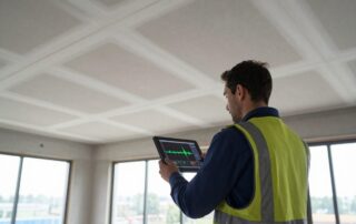 Techniker in Sicherheitskleidung hält Tablet mit Schallsimulationsgrafik, während akustische Paneele an einer teilweise fertiggestellten Trockenbau-Decke installiert werden