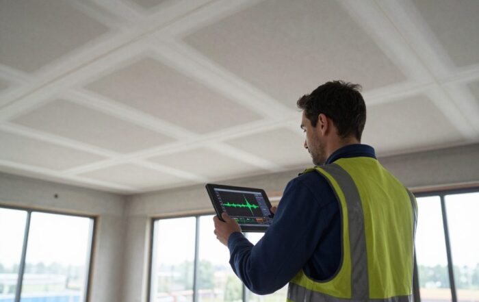 Techniker in Sicherheitskleidung hält Tablet mit Schallsimulationsgrafik, während akustische Paneele an einer teilweise fertiggestellten Trockenbau-Decke installiert werden