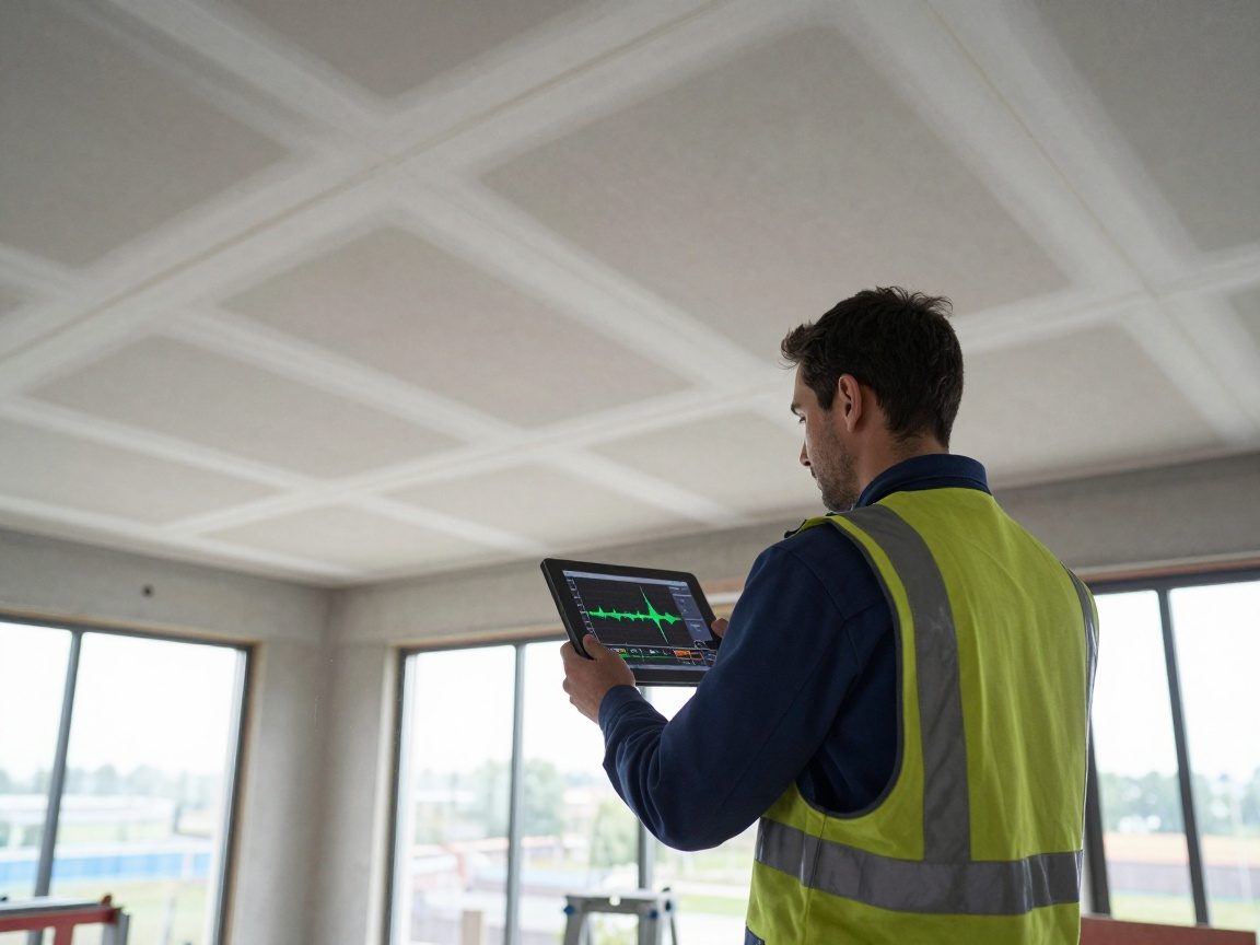 Techniker in Sicherheitskleidung hält Tablet mit Schallsimulationsgrafik, während akustische Paneele an einer teilweise fertiggestellten Trockenbau-Decke installiert werden