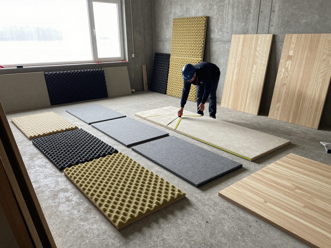 Weitwinkelaufnahme eines Werkstattbodens mit Schallschutzmaterialien: poröser Schaumstoff, Stoffabsorber und Holzdiffusoren; ein Arbeiter in Helm misst ein Panel