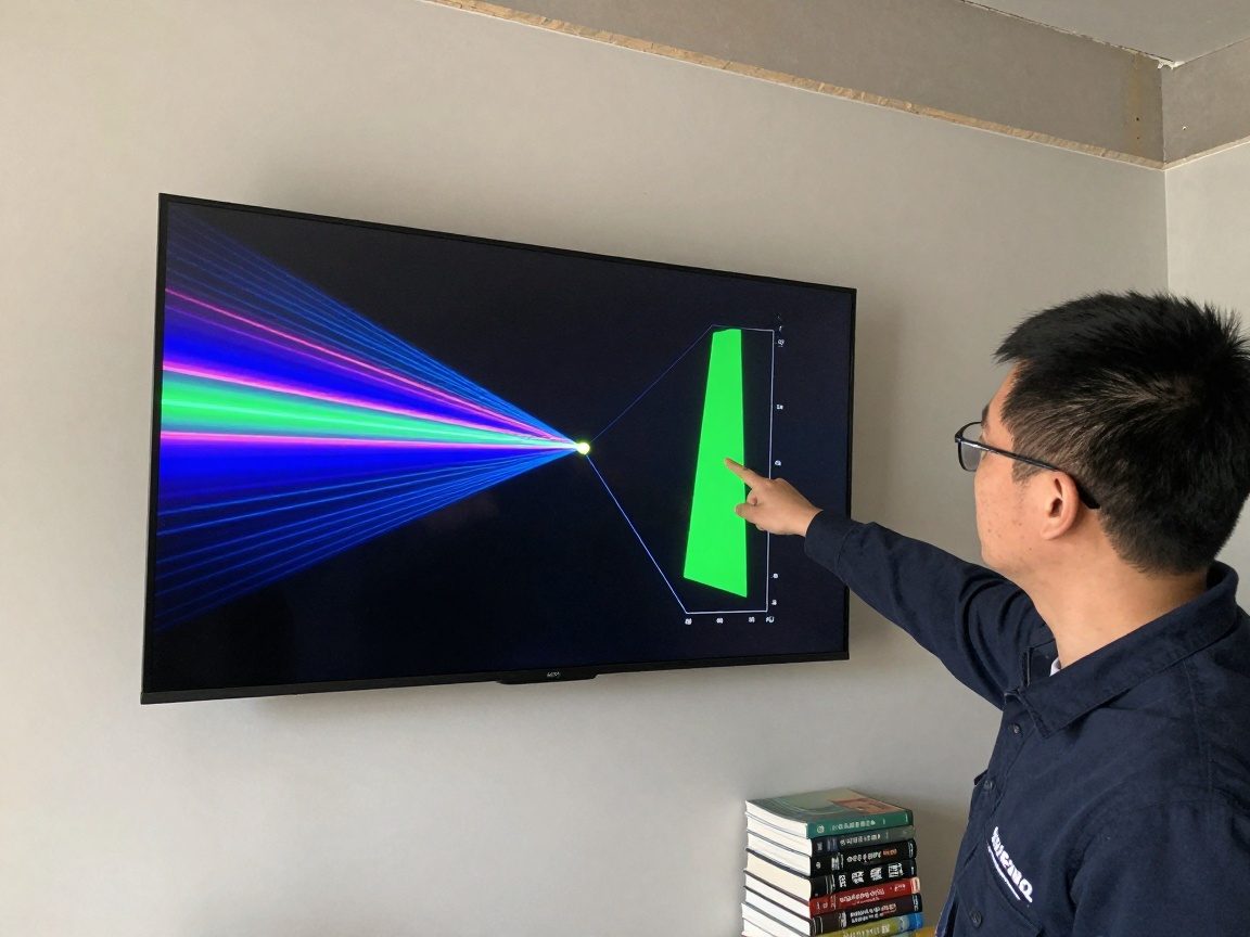 Techniker weist auf ein Wandbildschirm mit farbigen Schallstrahlen, die von Oberflächen reflektieren und Absorptionszonen in Grün markieren