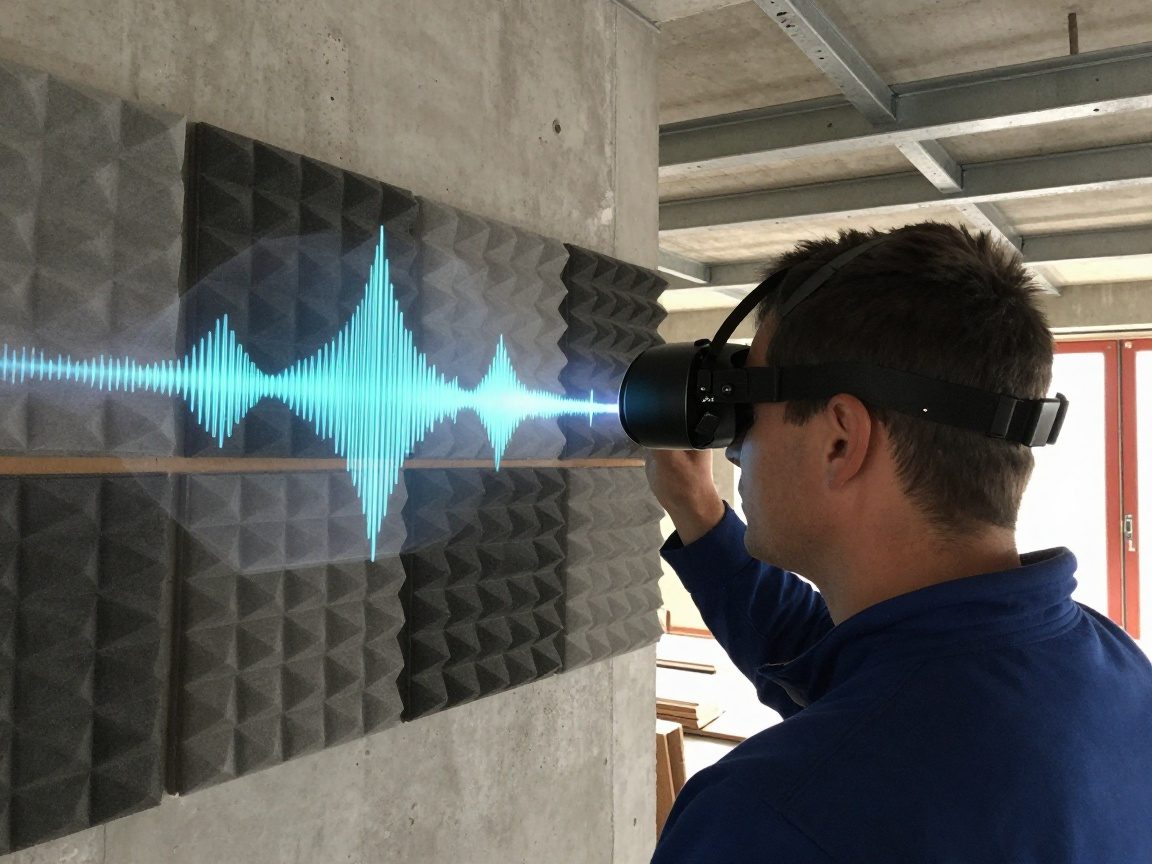 Handwerker trägt AR-Headset in einem Mock‑up Raum mit akustischen Paneelen, holographische Schallwellen überlagern die Umgebung