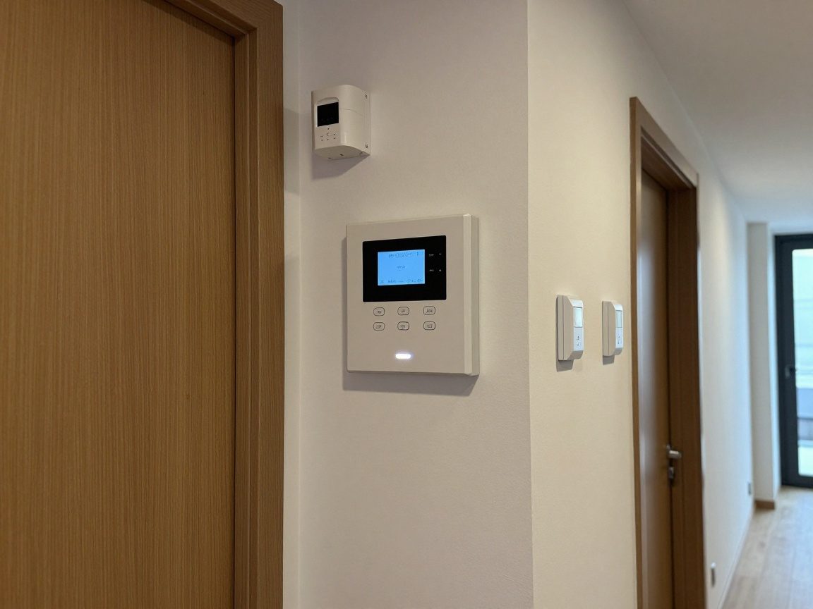 Moderne Alarmanlage in Wohnflur – Sensoren und Zentrale Wandmontierte Steuerzentrale mit digitalem Display, Bewegungsmelder und Türkontakt an einer deutschen Wohnhall