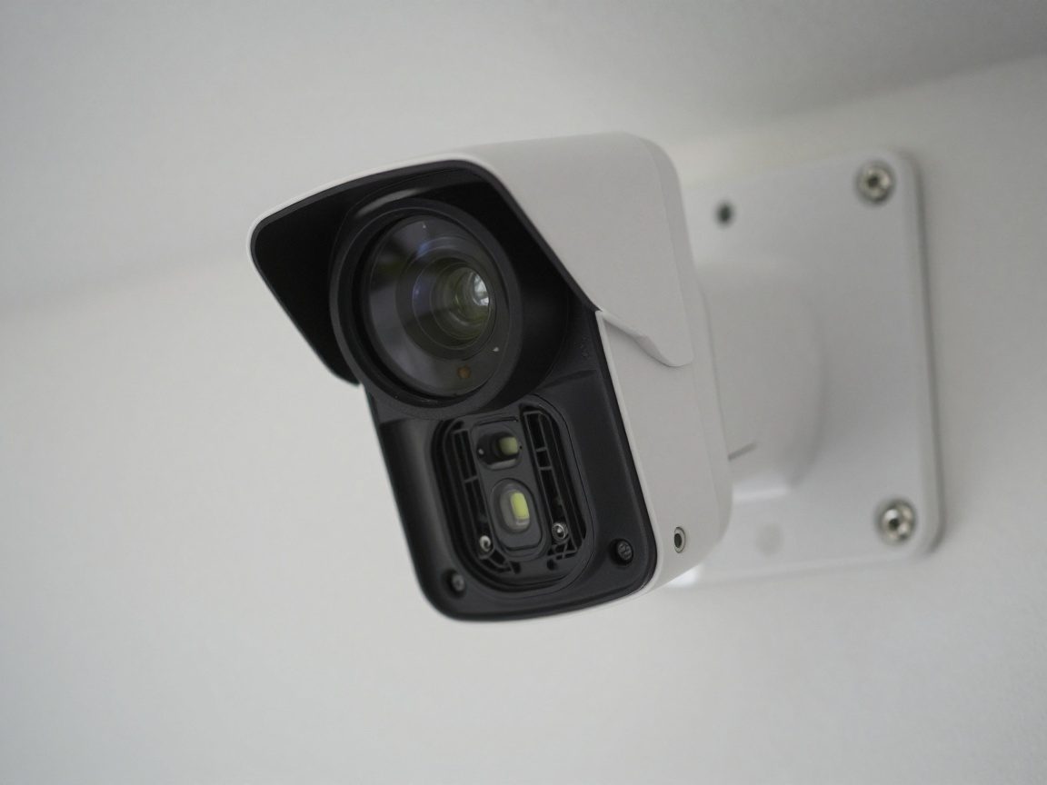 Nahaufnahme von hochwertigen Infrarot-Bewegungssensoren an einer Wand, mit Gehäuse, LED-Anzeige und Schrauben im Fokus