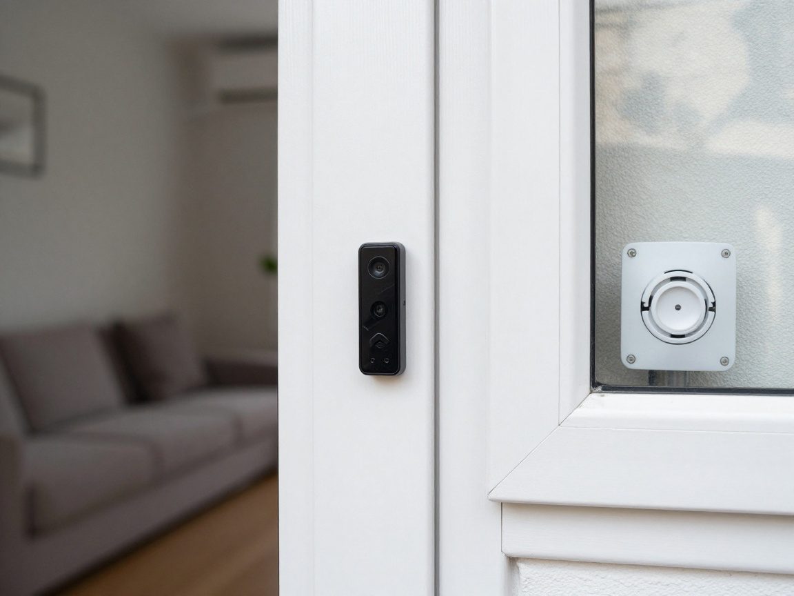 Tür mit installiertem magnetischen Kontaktsensor am Rahmen, daneben ein Fenster mit Glasbruchdetektor – subtile Spiegelung des Wohnzimmers im Hintergrund