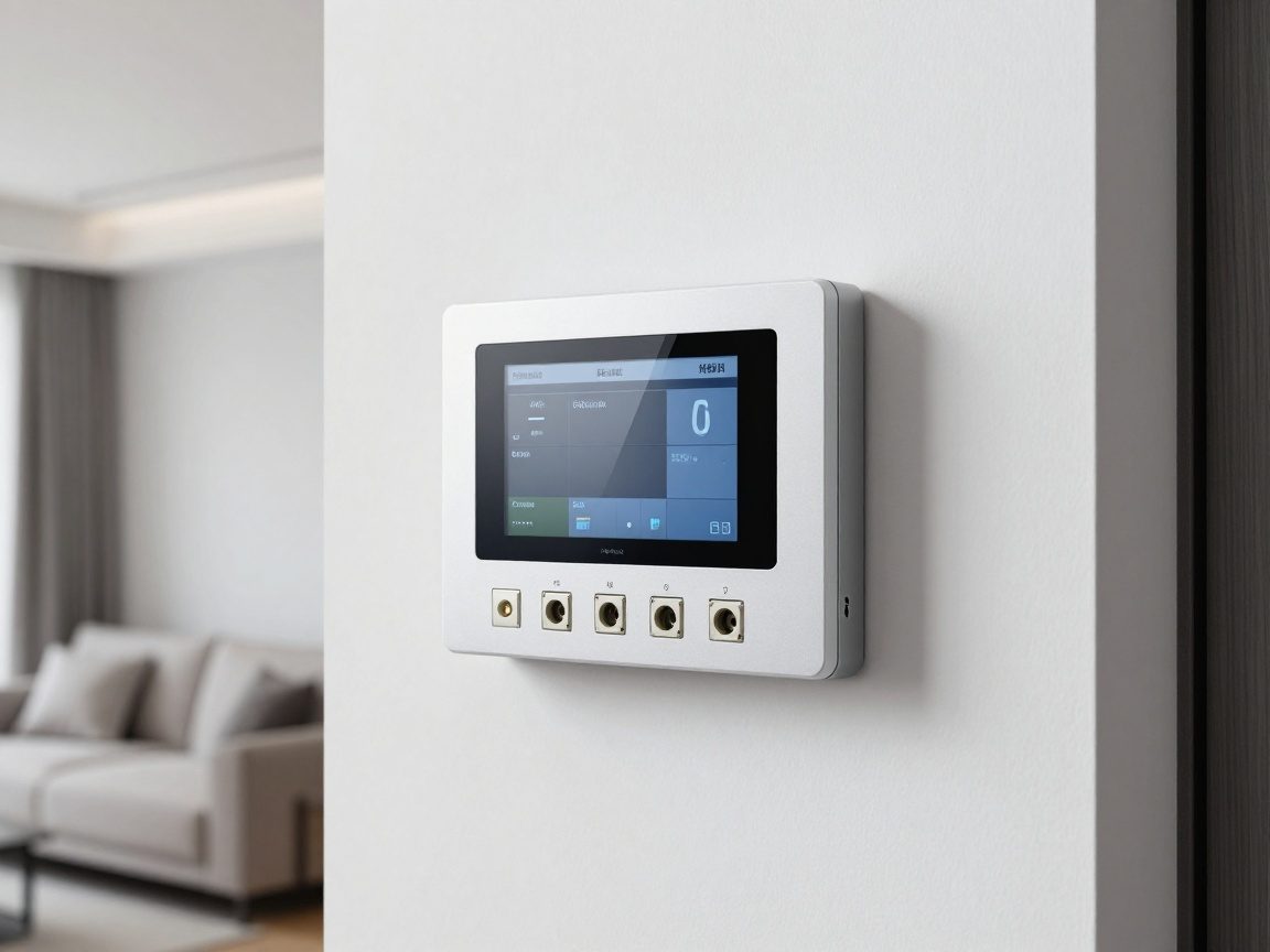 Realistisches Foto einer kompakt montierten Steuerzentrale mit Touchscreen, mehreren Eingängen und diskreter Stromversorgung an einer weißen Wand in einem modernen Wohnzimmer