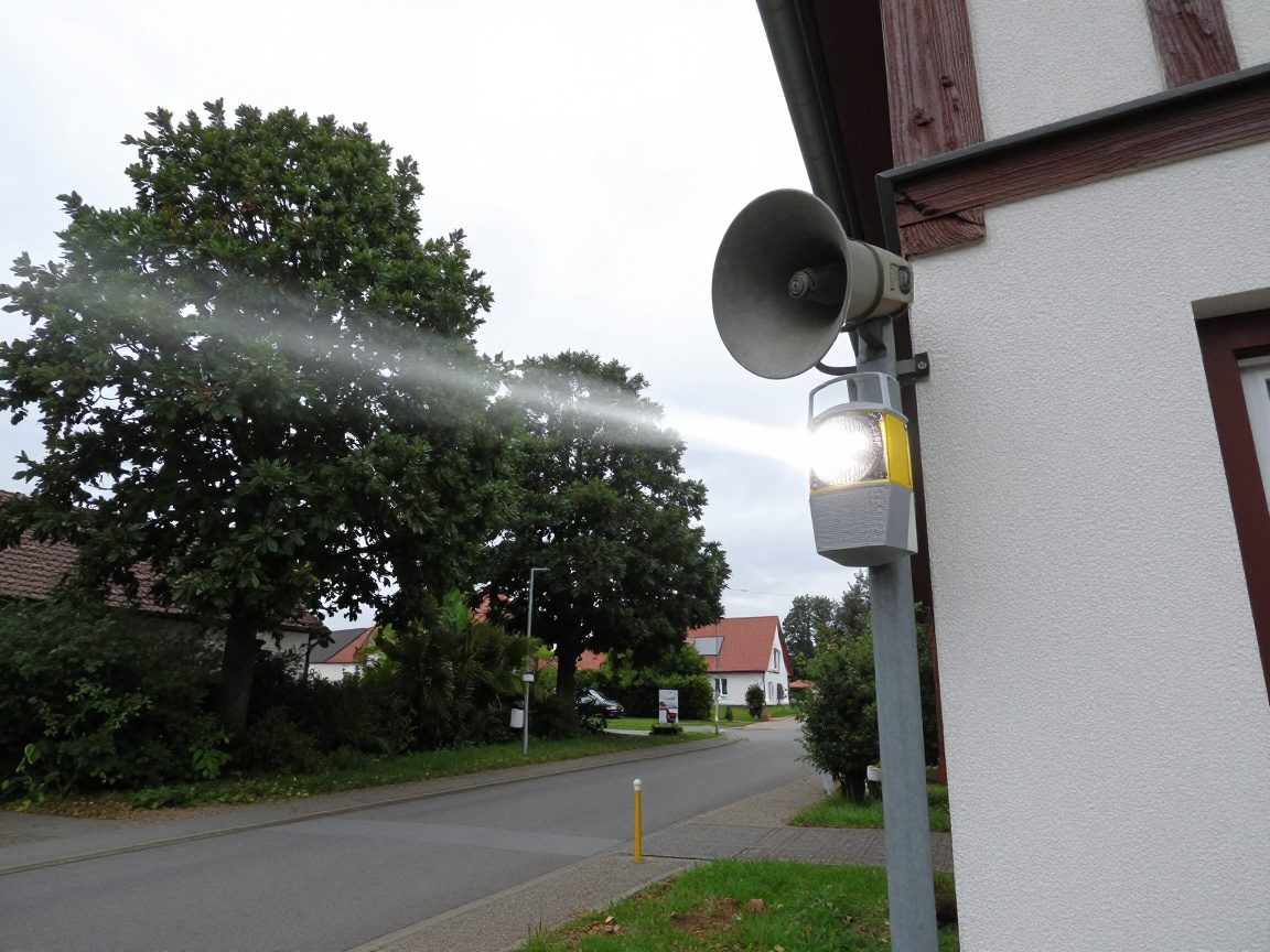Außenmontierte Alarm-Sirene mit LED-Anzeige und blinkendem Licht auf einem Pfosten vor einem deutschen Einfamilienhaus in einer Vorstadtstraße