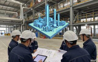 Ingenieure prüfen CAD-Zeichnungen auf Tablet vor holographischem 3D-Modell eines Industrieanlagenplans
