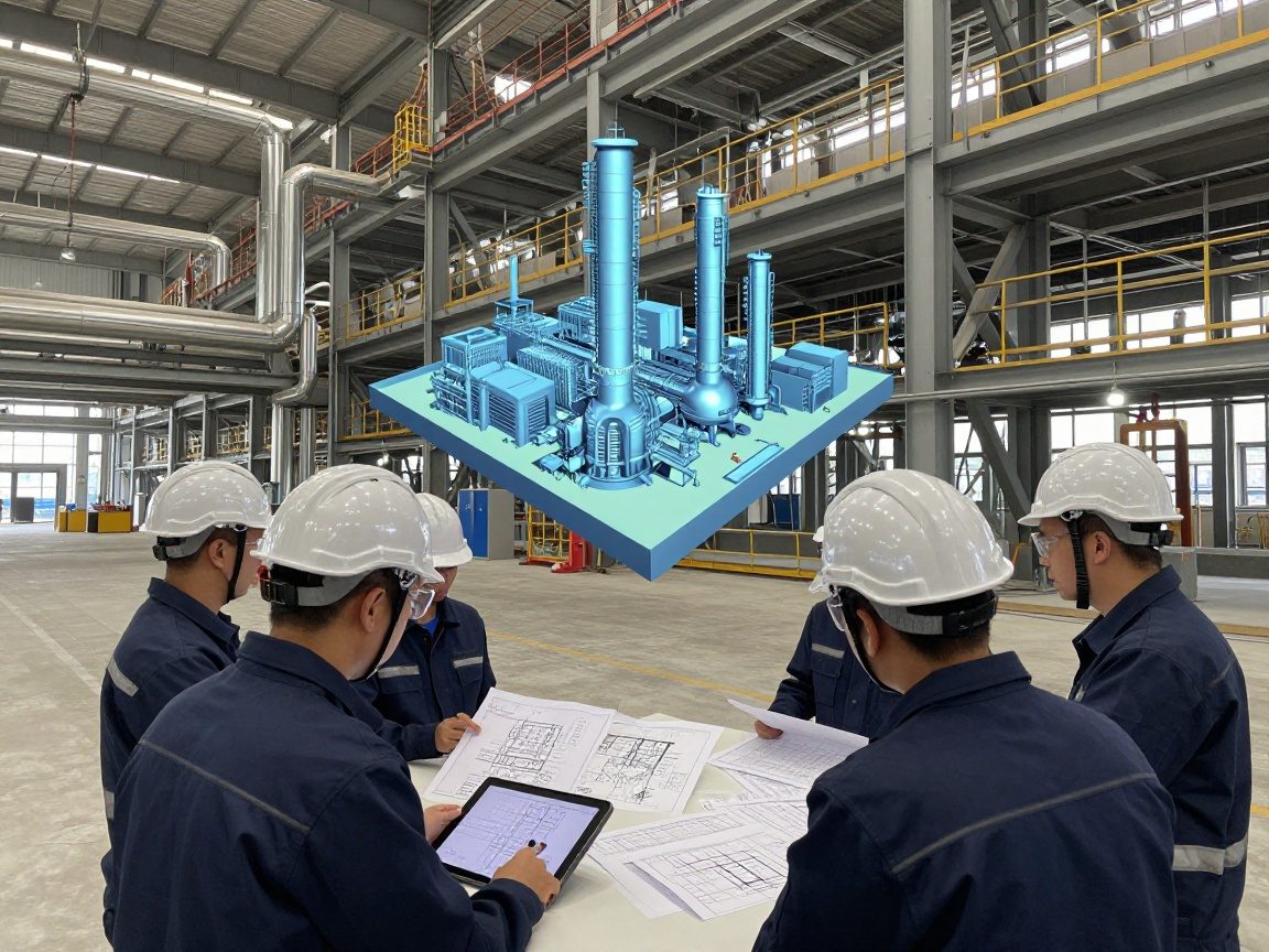 Präzise CAD-Ausführungsplanung im Anlagenbau Ingenieure prüfen CAD-Zeichnungen auf Tablet vor holographischem 3D-Modell eines Industrieanlagenplans