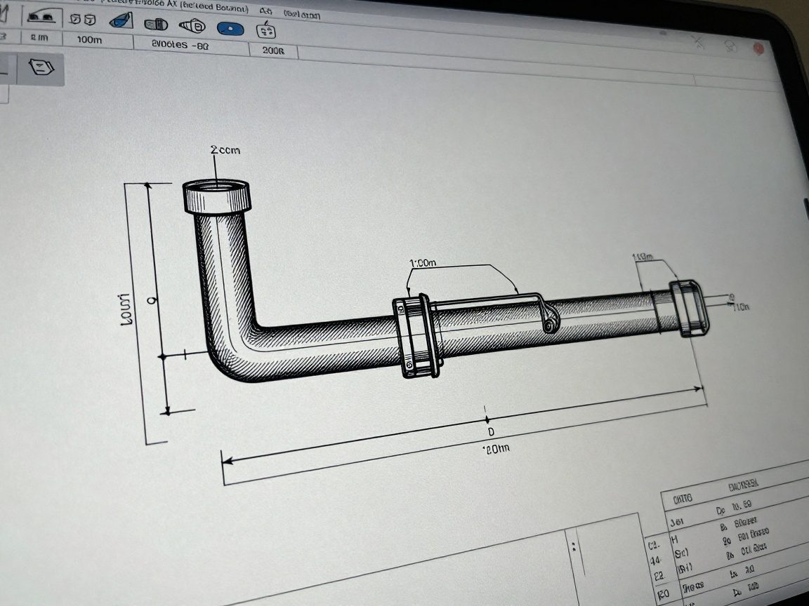 Makroaufnahme eines CAD-Zeichnisses auf einem großen Bildschirm mit präziser Rohrführung, genauen Maßen und Materialsymbolen