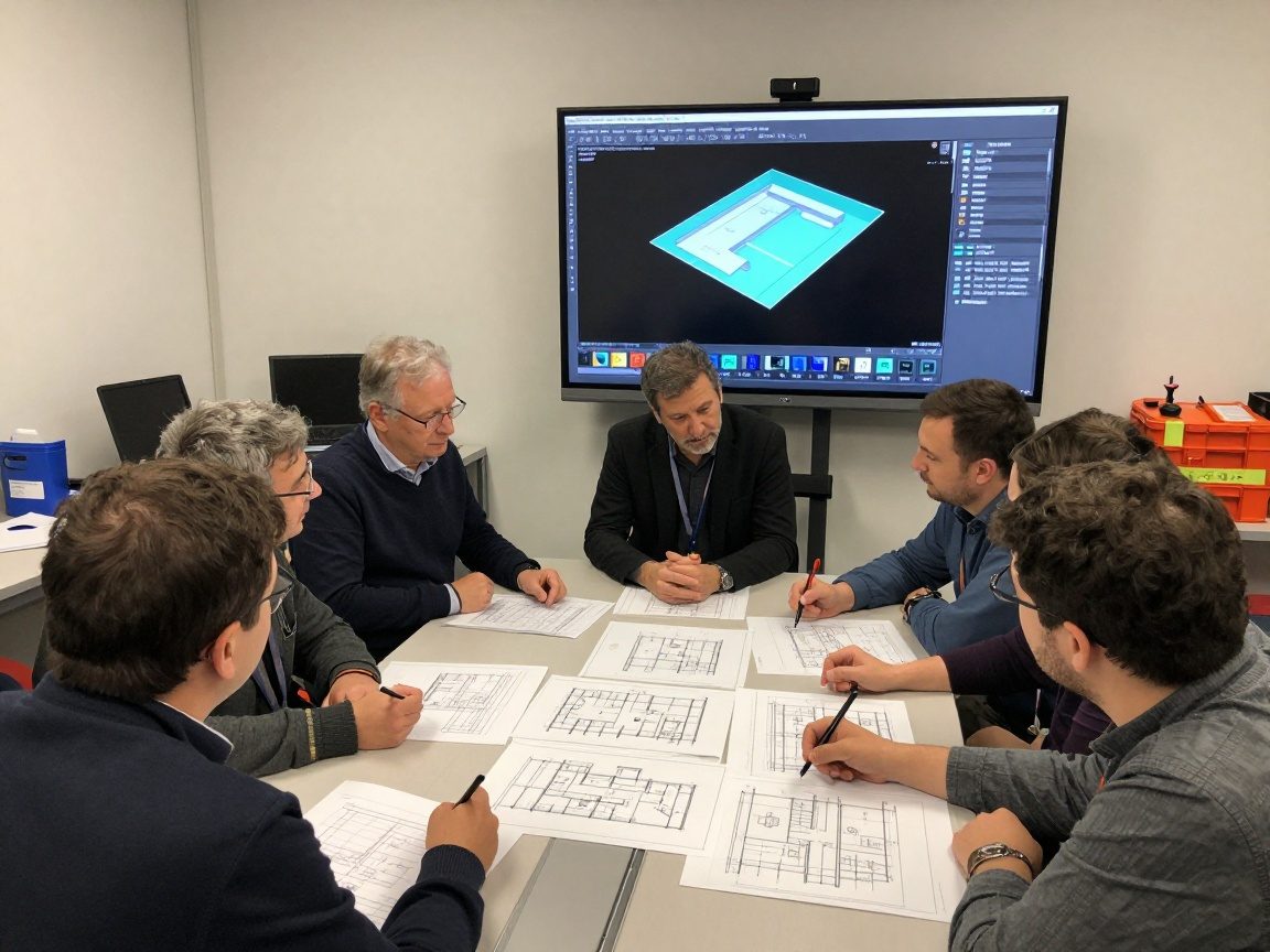 Team aus Ingenieuren prüft gedruckte CAD-Zeichnungen an einem Konferenztisch, während ein 3D-Modell auf einer Wand angezeigt wird