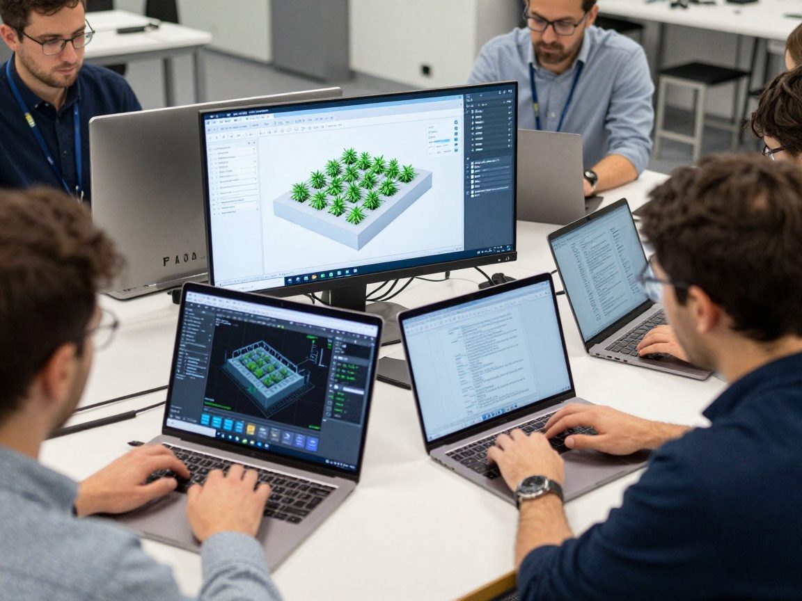 Überblick eines kollaborativen Arbeitsbereichs mit mehreren Ingenieuren, die an Laptops arbeiten und ein plantmodell auf einer cloudbasierten CAD-Plattform in Echtzeit bearbeiten