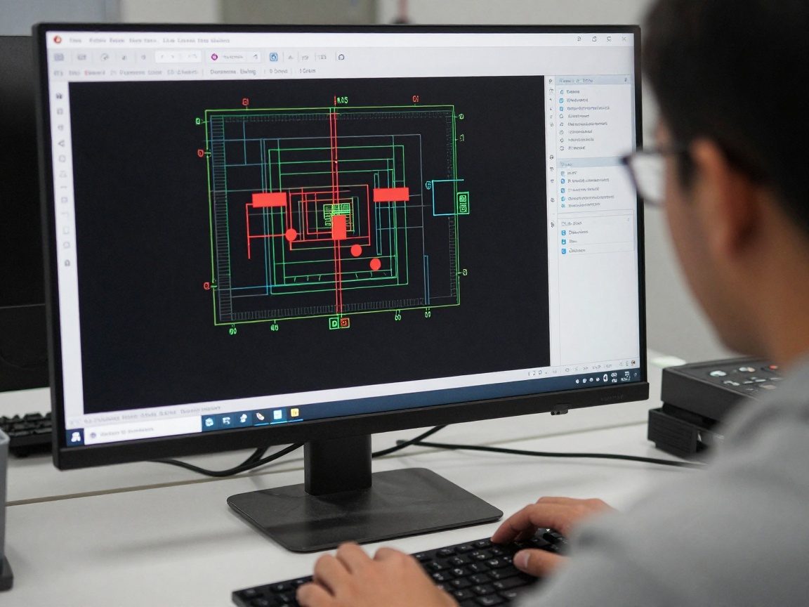 Ein Ingenieur arbeitet an einem großen Monitor, auf dem ein CAD-Modell mit roten Hervorhebungen von Kollisionen angezeigt wird.