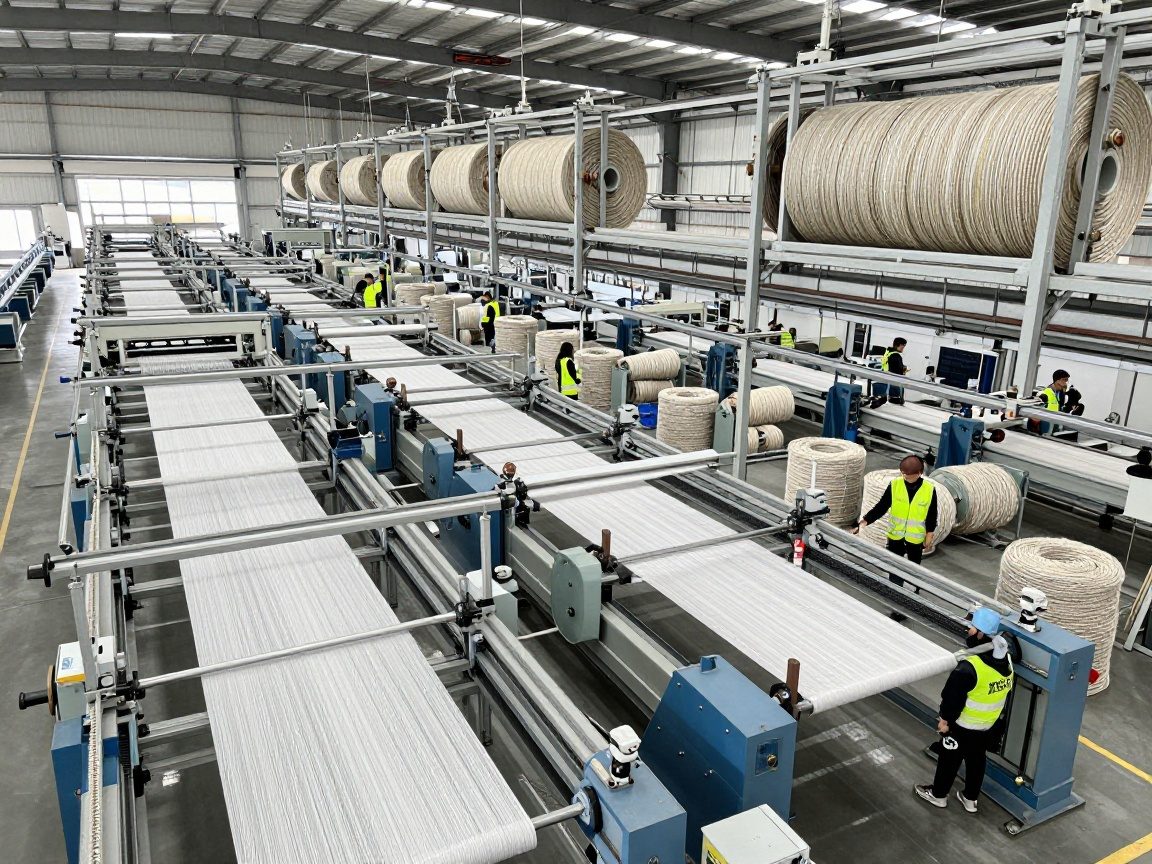 Faserqualitätsprüfung in einer modernen deutschen Seilfabrik Breitwinkelaufnahme eines industriellen Seilwerkes mit Maschinen, die synthetische Fasern zu Seilen verarbeiten, während Arbeiter Schutzwesten tragen und Bündel inspizieren