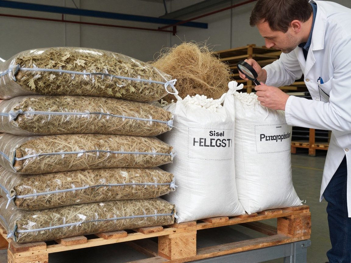 Mitarbeiter in Laboranzug prüft mit Lupe ein Paket mit Hanffasern auf einer Holzpalette, neben Sisal, Polyester und Polypropylen