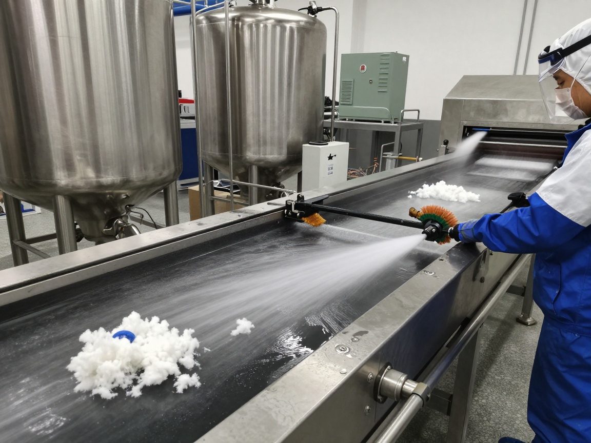 Mittelansicht eines Förderbandsystems, das Fasern reinigt: Wasserstrahlen spritzen, rotierende Bürsten arbeiten und ein Arbeiter in Schutzkleidung den Prozess überwacht – Hintergrund aus Edelstahlbehältern und Filtrationseinheiten