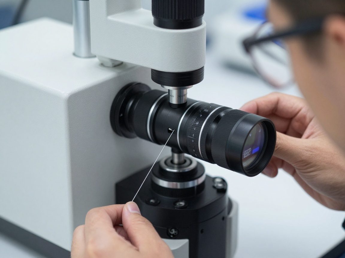 Techniker mit Schutzbrille justiert ein optisches Messgerät, das die Länge eines einzelnen Faserstrangs in Millimetern anzeigt.