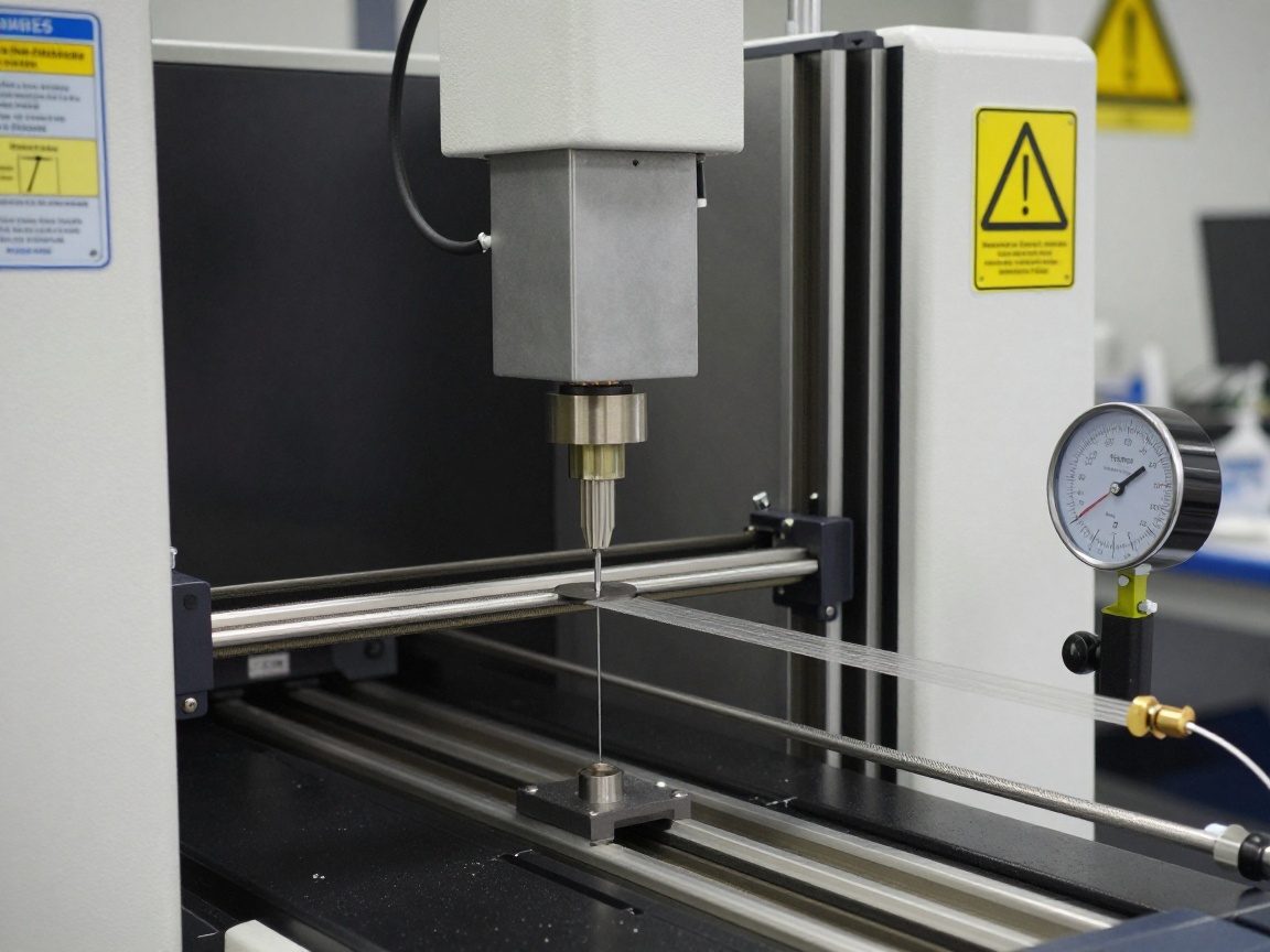 Tensile-Testmaschine hält ein einzelnes Faserglied, Messzelle und Kraftmessgerät sichtbar, Hintergrund laborgestützte Umgebung mit Sicherheitszeichen