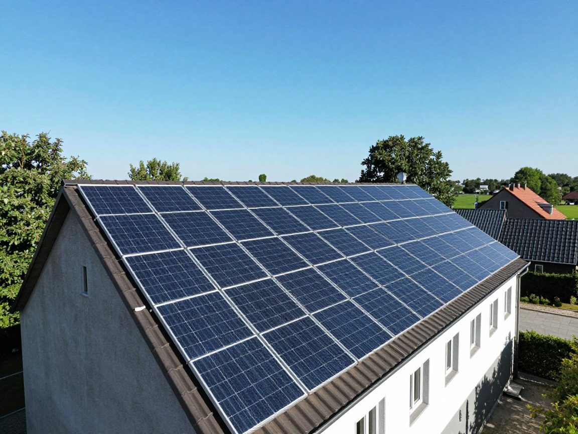 Weitwinkelaufnahme eines deutschen Ländereihofs mit Solarpanelen auf dem Dach, umgeben von Bäumen und Gebäuden, die leichte Schatten werfen