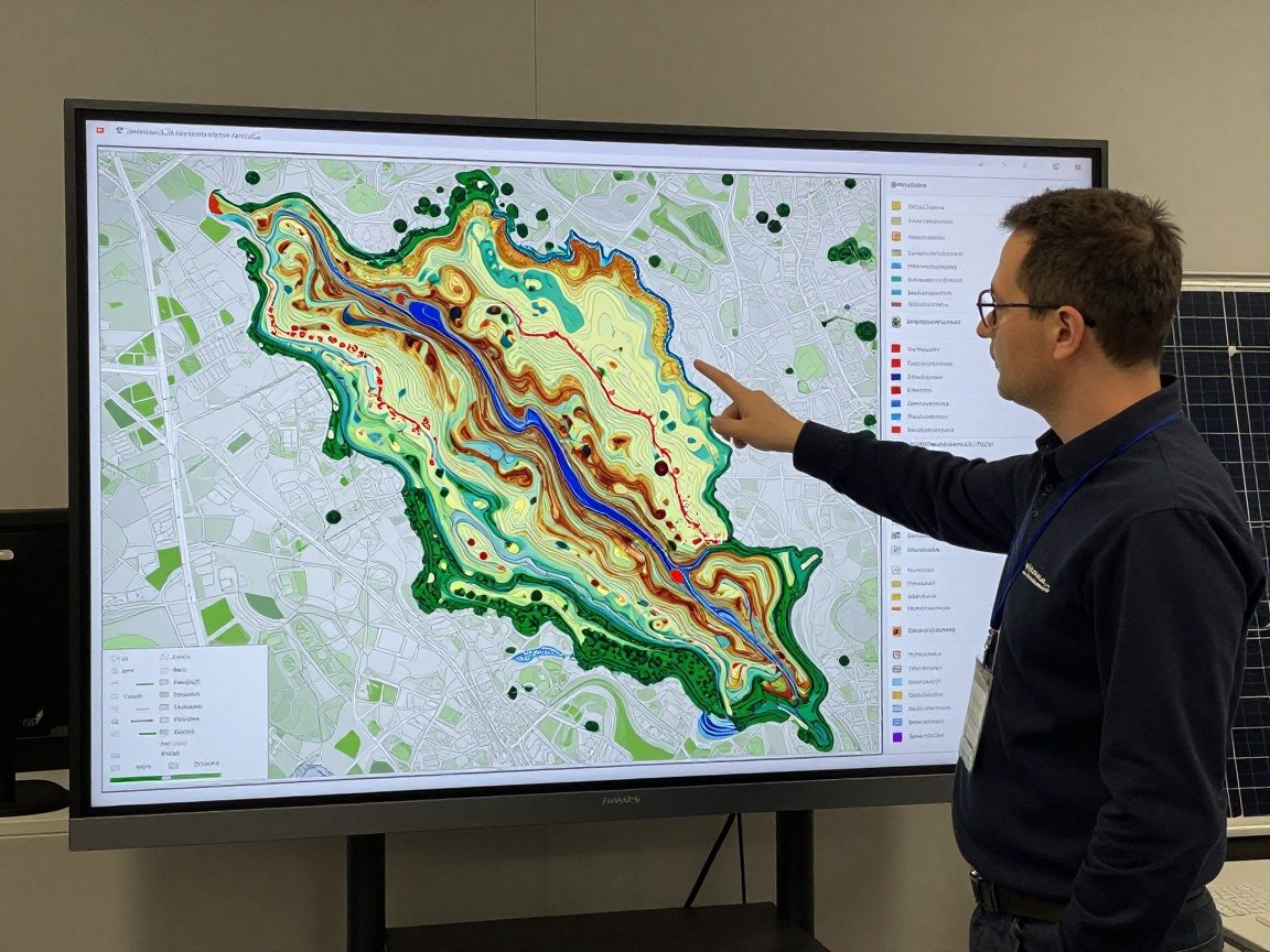 Techniker im Büro weist auf großen Bildschirm mit topographischer Karte, die Geländeprofil, Vegetation und Gebäude darstellt