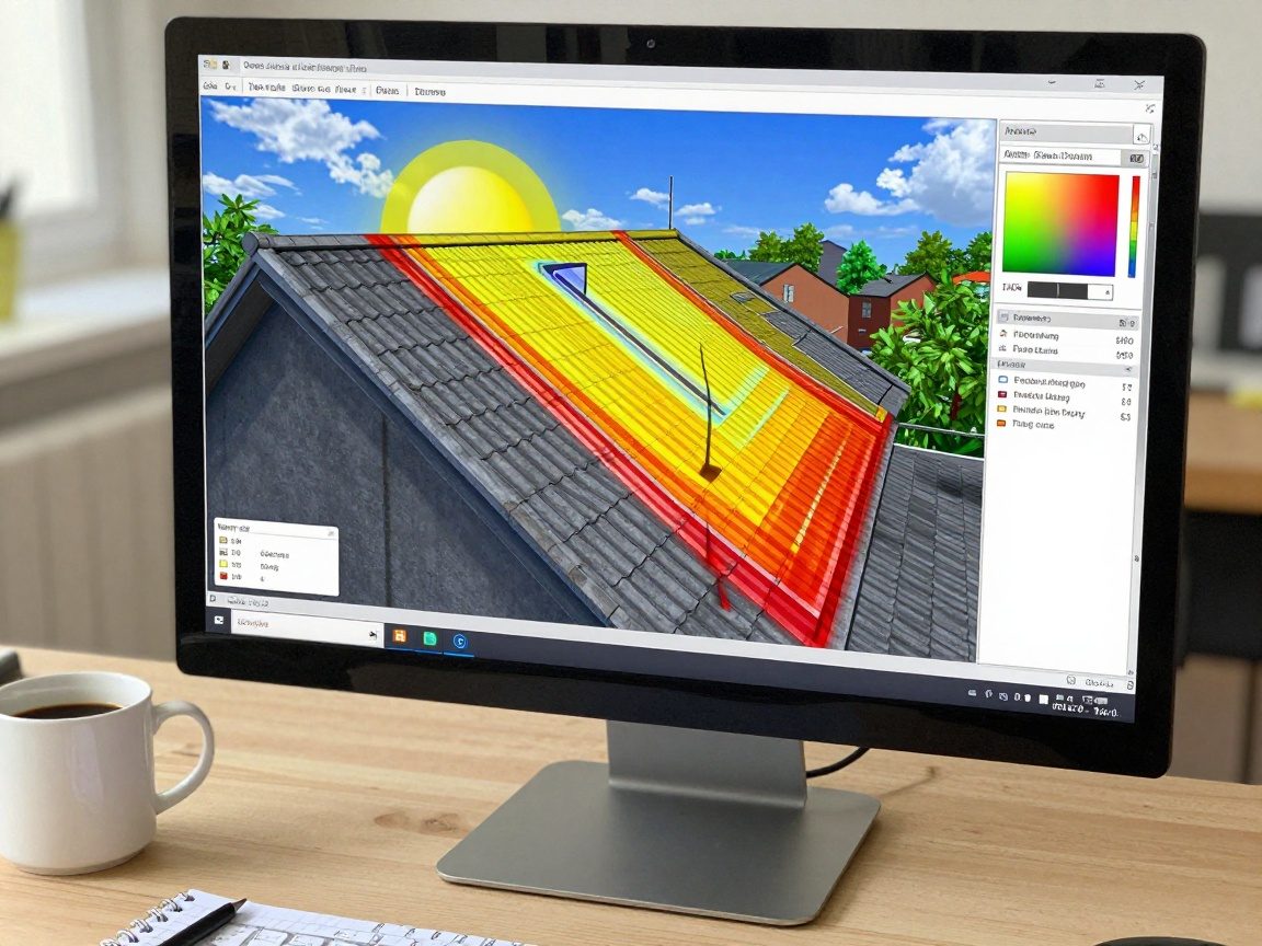 Computerbildschirm zeigt 3D-Simulation von Sonnenwegen über deutschem Dach, farbcodierte Schattenbereiche und prognostizierten Energieertrag; daneben Kaffee und Notizbuch