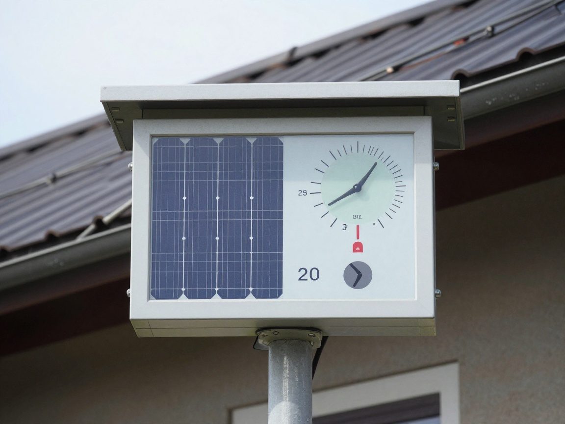 Nahaufnahme einer deutschen Wetterstation, die Sonneneinstrahlung, Temperatur und Windgeschwindigkeit misst; das Gerät ist an einem Pfosten neben einem teilweise beschattenen Dach montiert.