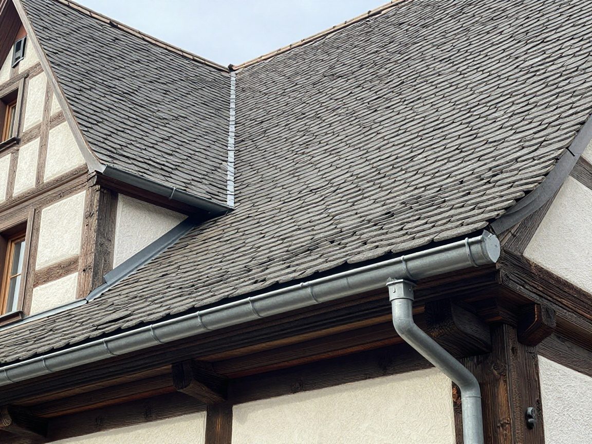 Metallhalter für Dachrinne auf dem Satteldach eines traditionellen deutschen Fachwerkhauses, sichtbar im Sonnenlicht