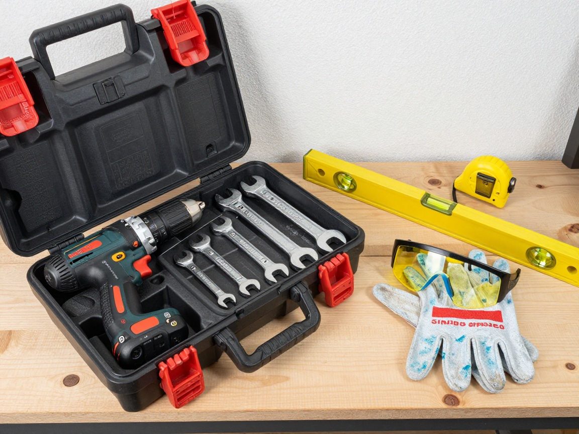 Öffnete Werkzeuggürtel auf einem Tisch: Bohrer, Schraubenschlüssel, Wasserwaage, Maßband, Schutzbrille und Handschuhe – alles in deutscher Qualität.